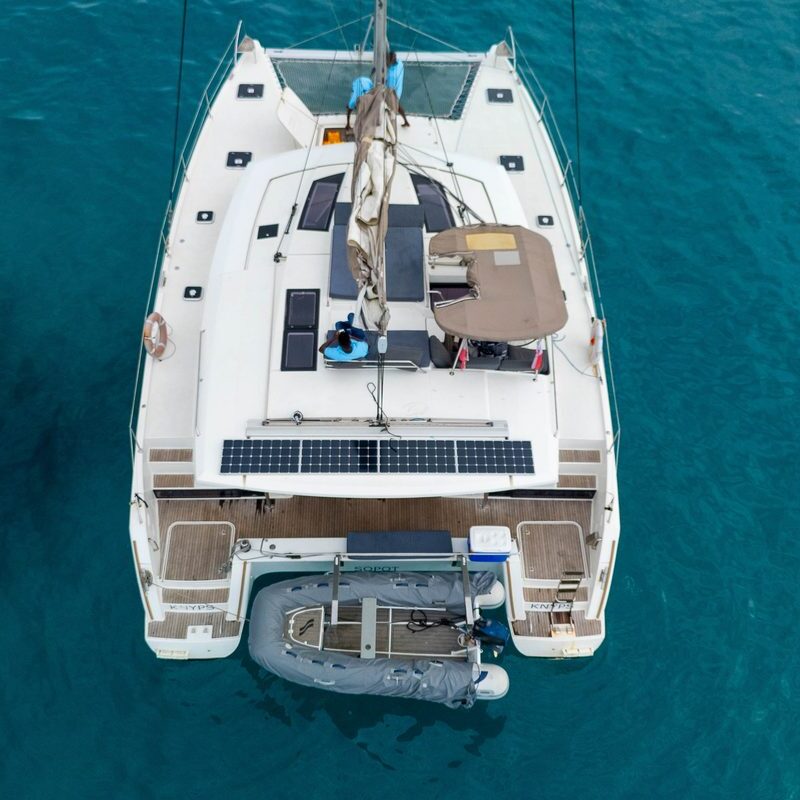 Aerial view of the Helia 44 Knyps catamaran on turquoise water