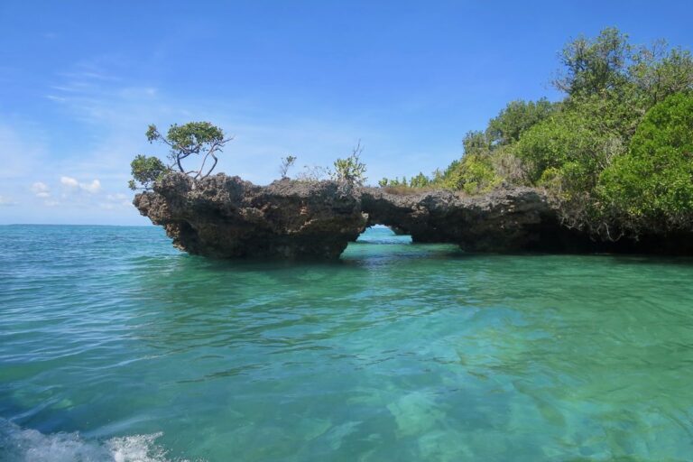 Rock arch and turquoise lagoon at Kwale Island, Menai Bay (Blue Safari), Zanzibar