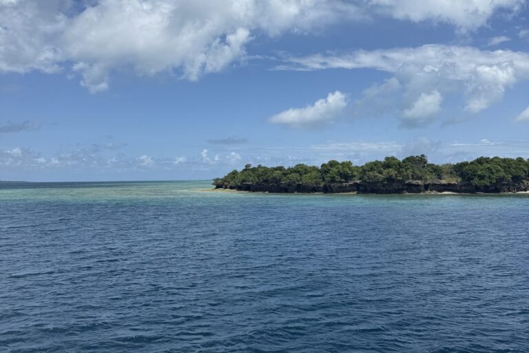 Small uninhabited island surrounded by deep blue water off Pemba