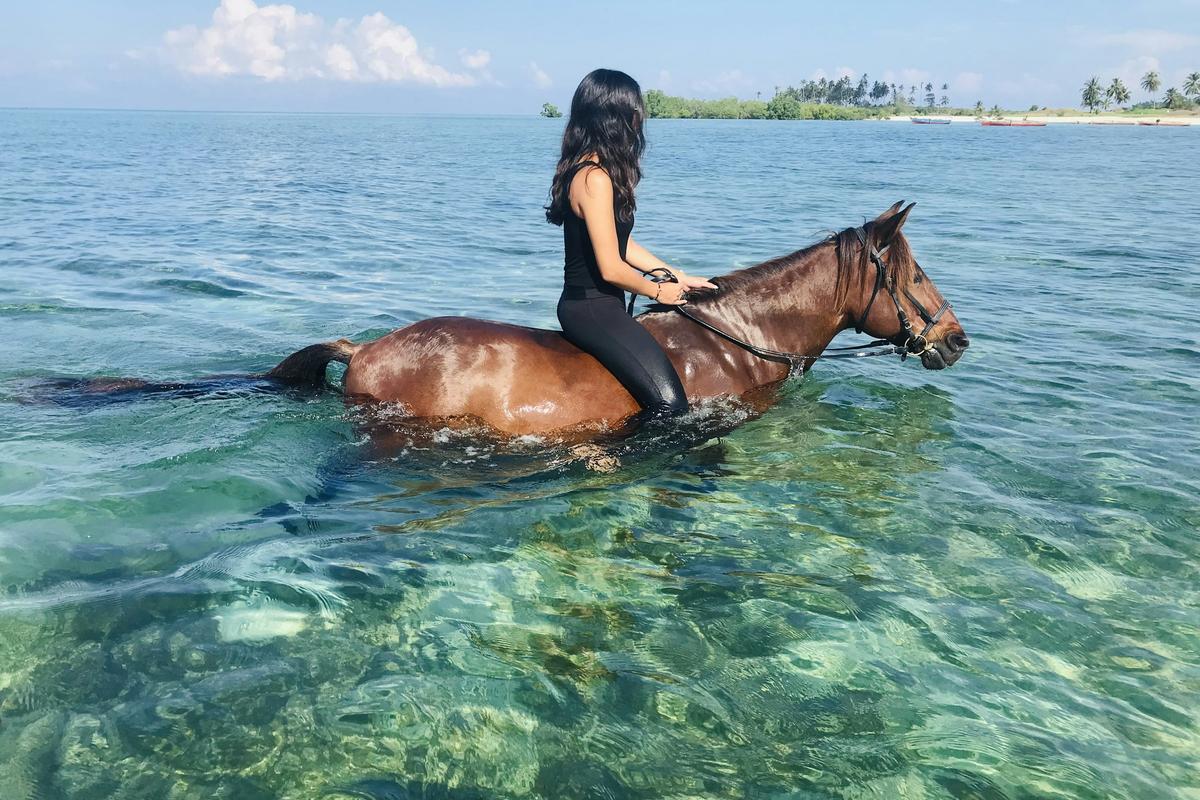 Swimming with a horse in the turquoise sea in Zanzibar